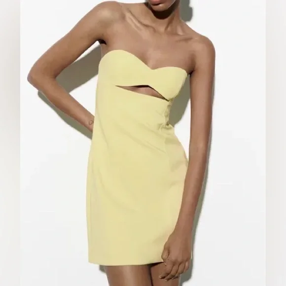 Zara mini lemon yellow sleeveless bodycon cut out evening summer dress - Picture 4 of 15